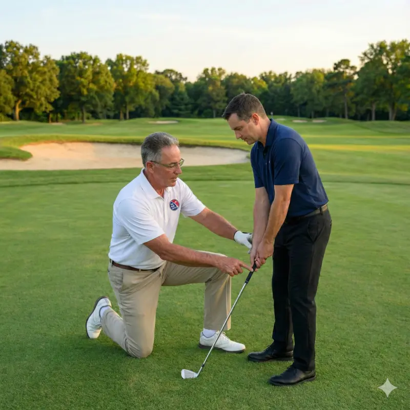 Professional golf lesson with instructor coaching a player